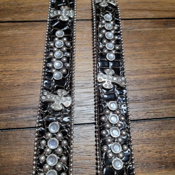 Heavy Leather Studded Bling Cross Black Western Belt w/ Large Buckle